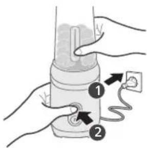 Diagram showing hands connecting a device to a power outlet with labeled parts 1 and 2
