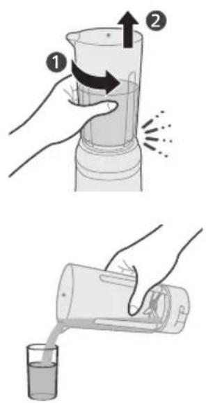Illustration showing two steps of a water filtration or distillation process: adding liquid to a container and pouring liquid into a clear glass.