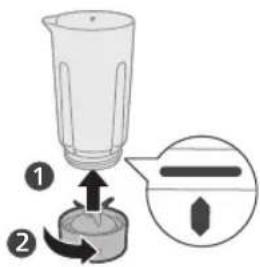 Diagram showing a blender with two steps: adding liquid to a container and adding a plug, with an arrow indicating the process.
