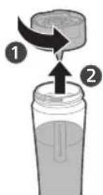 Diagram showing a step in a container with liquid, labeled with arrows and numbered parts