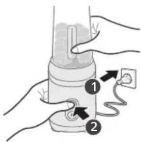 Diagram showing two hands connecting a device to a power outlet, labeled with numbered instructions.