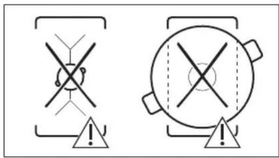 Two warning symbols with cross and triangle indicators, one containing a crossed-out circle and the other a filled circle with an 'X' symbol.