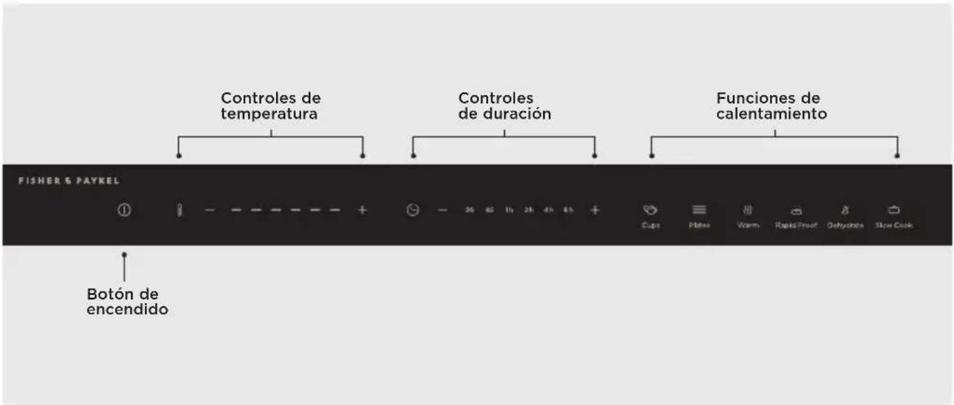 Controles de temperatura Controles de duración Funciones de calentamiento FISHER & PAYKEL Botón de encendido