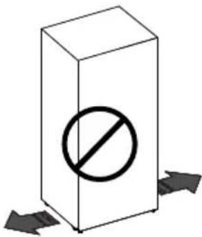 Diagram showing a 3D rectangular block with a prohibition symbol and two arrows indicating direction or flow.