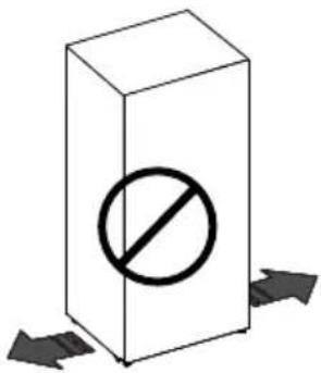Diagram showing a 3D rectangular block with a prohibition symbol and directional arrows, likely indicating restriction or prohibition.