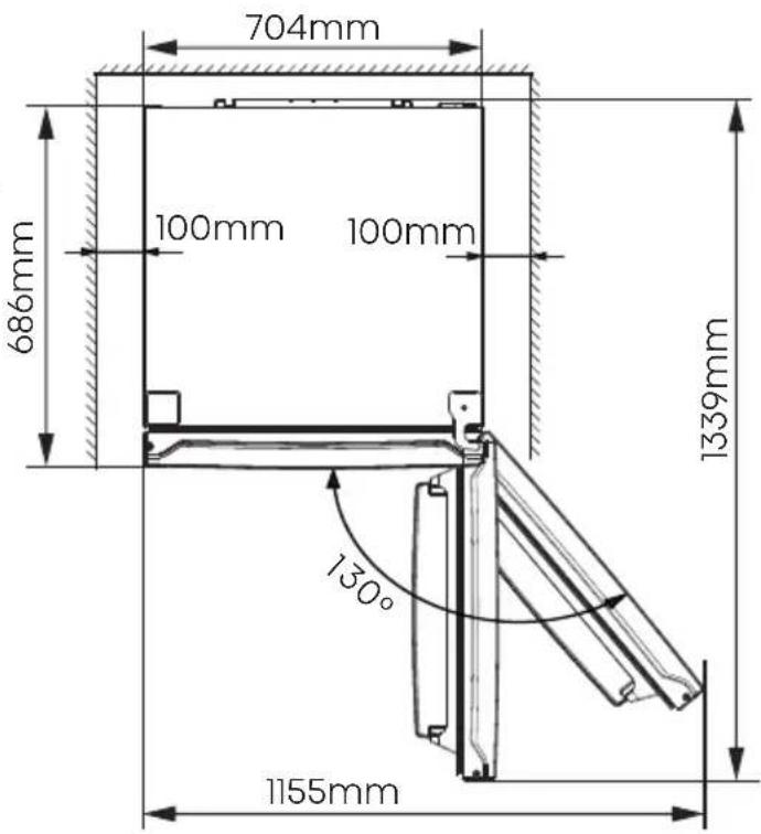 704mm 100mm 100mm 686mm 1339mm 130° 1155mm