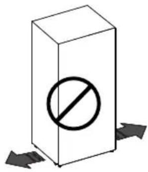 Diagram showing a 3D rectangular block with a prohibition symbol and two arrows indicating direction or flow.