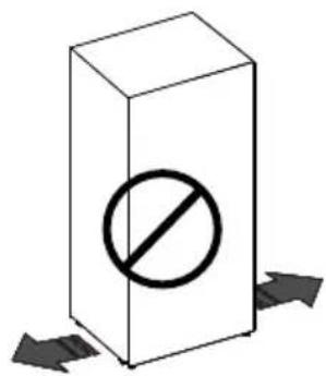 Diagram showing a 3D rectangular block with a prohibition symbol and directional arrows, indicating restriction or prohibition.
