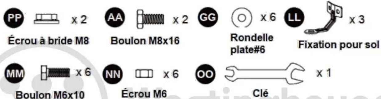 PP x 2 Écrou à bride M8 AA x 2 GG x 6 LL x 3 Boulon M8x16 Rondelle plate#6 Fixation pour sol MM x 6 NN x 6 OO x 1 Boulon M6x10 Écrou M6 Clé
