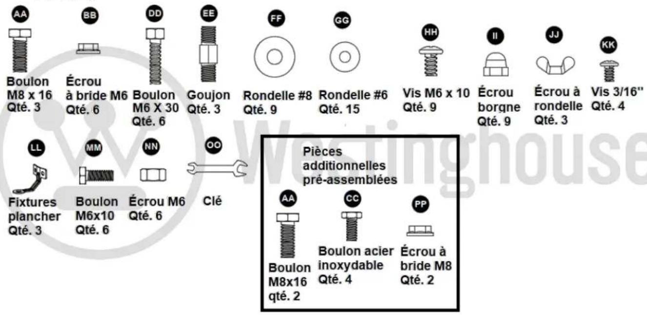 AA Boulon M8 x 16 Qté. 3 Écrou à bride M6 Qté. 6 Boulon M6 X 30 Qté. 6 Goujon Qté. 3 FF Rondelle #8 Qté. 9 GG Rondelle #6 Qté. 15 HH Vis M6 x 10 Qté. 9 Écrou borgne Qté. 9 Écrou à rondelle Qté. 3 Vis 3/16" Qté. 4 LL Fixtures plancher Qté. 3 MM NN OO Clé Pièces additionnelles pré-assemblées AA Boulon M8x16 qté. 2 CC Boulon acier inoxydable Qté. 4 PP Écrou à bride M8 Qté. 2