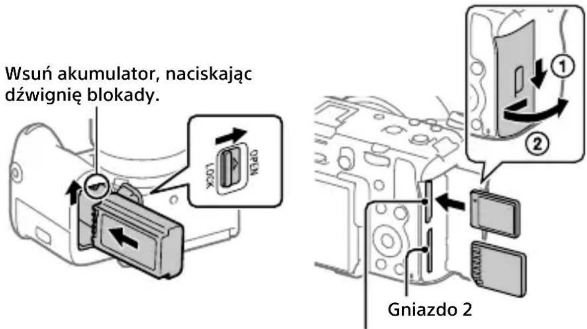 Wsuń akumulator, naciskając dźwignię blokady. Gniazdo 2