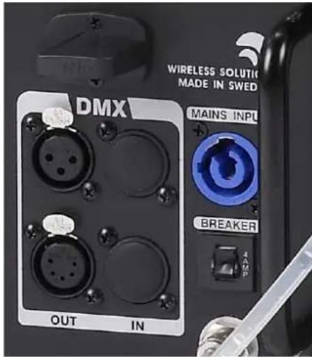 WIRELESS SOLUTION MADE IN SWED DMX OUT IN MAINS INPUT BREAKER