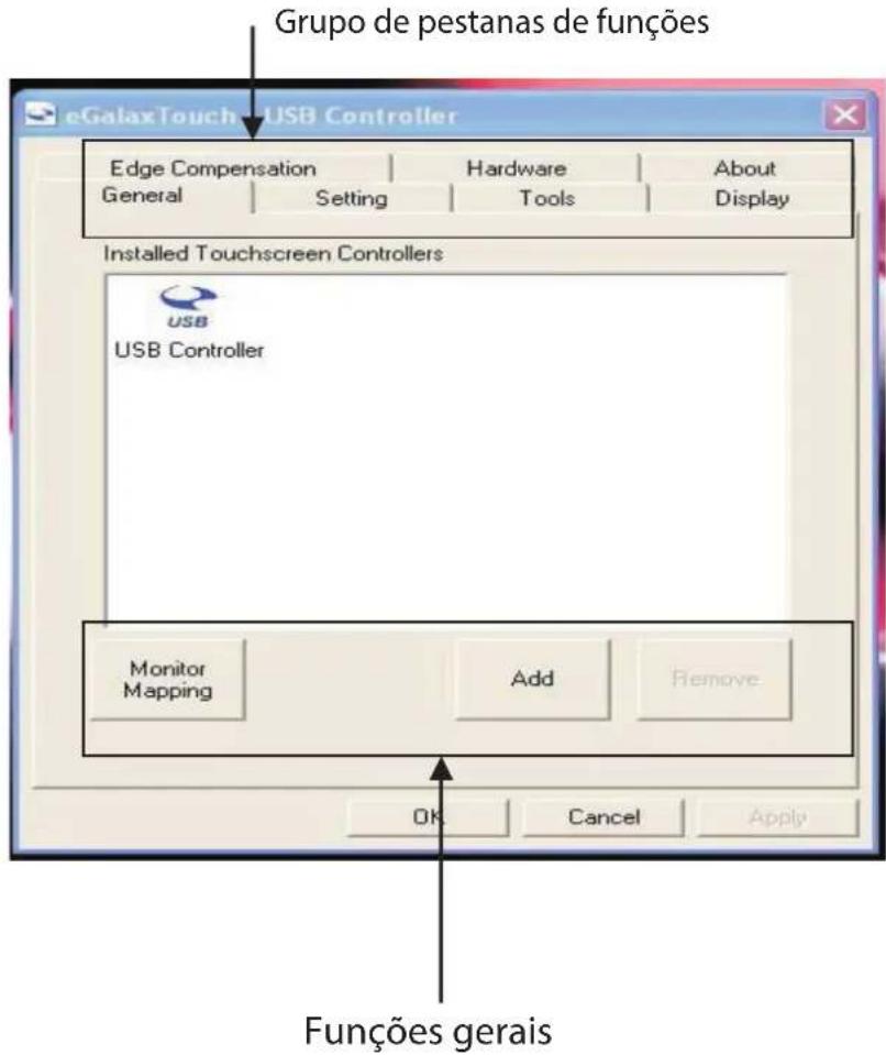 Grupo de pestanas de funções eGalaxTouch USB Controller Edge Compensation Hardware About General Setting Tools Display Installed Touchscreen Controllers USB USB Controller Monitor Mapping Add Remove Ok Cancel Apply Funções gerais