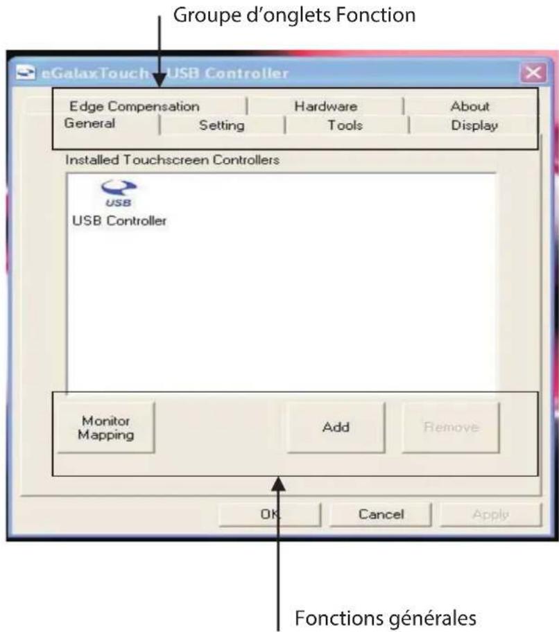 Groupe d'onglets Fonction eGalaxTouch USB Controller Edge Compensation Hardware About General Setting Tools Display Installed Touchscreen Controllers USB USB Controller Monitor Mapping Add Remove OK Cancel Apply Fonctions générales