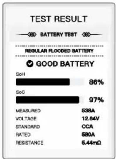 TEST RESULT BATTERY TEST REGULAR FLOODED BATTERY GOOD BATTERY SoH 86% SoC 97% MEASURED 538A VOLTAGE 12.64V STANDARD CCA RATED 580A RESISTANCE 5.44mΩ