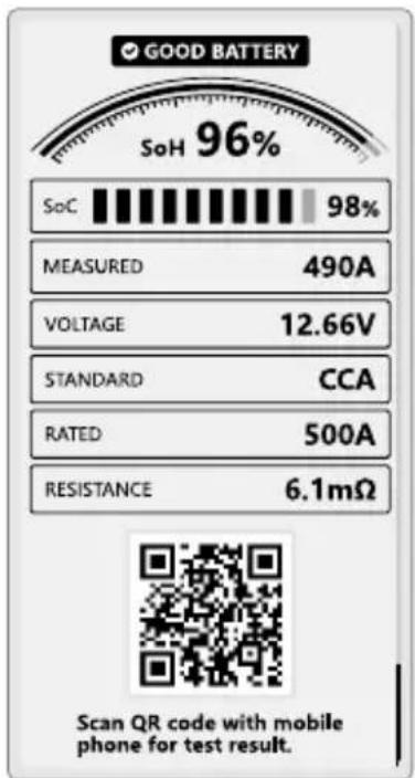 GOOD BATTERY SoH 96% SoC 98% MEASURED 490A VOLTAGE 12.66V STANDARD CCA RATED 500A RESISTANCE 6.1mΩ Scan QR code with mobile phone for test result.