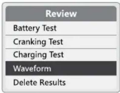 Review Battery Test Cranking Test Charging Test Waveform Delete Results