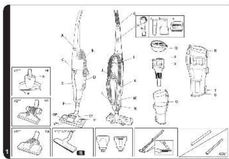Technical diagram of a vacuum cleaner with labeled parts and exploded views