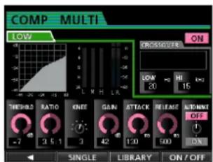 COMP MULTI LOW ON CROSSOVER LOW 20 HI 15 THIRED RATIO KNEE GAIN ATTACK RELEASE AUTOMOT -7 3 5 1 3 42 130 500 ON SINGLE LIBRARY ON / OFF