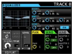 EQUALIZER TRACK 8 HIGH +4 dB 3.0K Hz MIX -3 dB 1.0K Hz 0.25 LOW RICH ON PHASE NEERT LEVEL EFFECT - DIGITAL TRIM +0 inf PAN SEND SEND EFF 1 0 DIF 0 PAN C EFF 2 0 DIF 0 EQ FLAT
