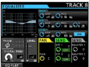 EQUALIZER TRACK 8 PHASE INSERT LEVEL DIGITAL TRIM +0 EQ FLAT HIGH +1 dB FREQ 0.0 Hz MID GAIN -3 dB FREQ 1.0 Hz C 0.25 LOW +1 dB FREQ 60 Hz ON PAN SEND SEND EFF 1 D MASTER 1 OFF EFF 2 D MASTER 2 OFF C