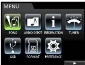 MENU SONG AUDIO DEPOT INFORMATION TUNER USB FORMAT PREFERENCE