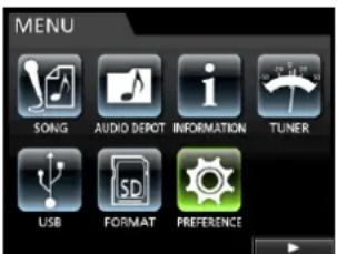 MENU SONG AUDIO DEPOT INFORMATION TUNER USB FORMAT PREFERENCE
