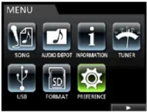 MENU SONG AUDIO DEPOT INFORMATION TUNER USB FORMAT PREFERENCE