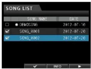 SONG LIST SONG NAME DATE ● DEMOSONG 2012-07-10 SONG_8001 2012-07-20 SONG_8002 2012-07-20 ✓ INFO ►