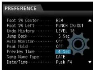 PREFERENCE Foot SW Center....REW Foot SW Left....PUNCH IN/OUT Undo History....LEVEL 18 Jump Back....5 Sec Auto Monitor....OFF Peak Hold....OFF Preview Time....4 Sec Song Name Type....DATE Date/Time....Push F4