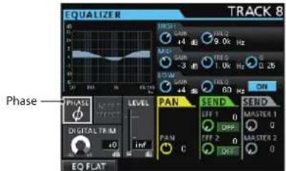 EQUALIZER TRACK 8 Phase PHASE LEVEL DIGITAL TRIM 10 Inf EQ FLAT HIGH GAIN +4 dB FREQ 9.0K Hz MID GAIN -3 dB FREQ 1.0K Hz LOW GAIN +4 dB FREQ 6.0 KHz ON PAN SEND SEND OFF 1 0 MASTER 1 OFF 2 0 MASTER 2 OFF 0 0