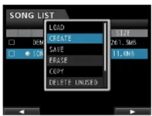 SONG LIST LOAD CREATE SAVE ERASE COPY DELETE UNUSED SIZE 261.3MB 11.0MB