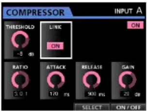 COMPRESSOR INPUT A THRESHOLD LINK ON -8 db RATIO 3.0 1 ATTACK 170 ms RELEASE 900 ms GAIN 20 db SELECT ON/OFF