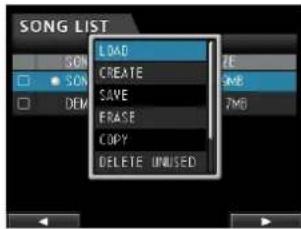 SONG LIST LOAD CREATE SAVE ERASE COPY DELETE UNUSED