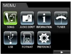 MENU SONG AUDIO DEPOT INFORMATION TUNER USB FORMAT PREFERENCE