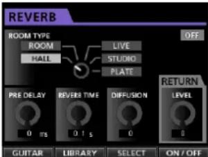 REVERB ROOM TYPE ROOM HALL LIVE STUDIO PLATE PRE DELAY 0 ms REVERB TIME 0 1 s DIFFUSION 0 RETURN LEVEL GUITAR LIBRARY SELECT ON/OFF