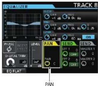 EQUALIZER TRACK 8 HIGH GAN +1 Hz FREQ 9.0K Hz RED GAN -3 Hz FREQ 1.0K Hz 0.25 ELOW FREQ 90 Hz ON PHASE LEVEL PAN SEND SEND DIGITAL TRIM PAN C OFF 1 OFF 2 OFF 1 MANNER 1 MANNER 2 EQ FLAT PAN
