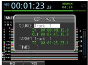 00:01:23 23 REMAIN 04:54 MUL COPY RASTE SOURCE Track 1 LN 00.00.00.15.0 OUT 00.07.43.15.0 TARGET Track 1 TO 00.01.23.23.1 TIMES 1 NO YES