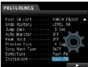 PREFERENCE Foot SW Left .... PUNCH IN/OUT Undo History .... LEVEL 10 Jump Back .... 5 Sec Auto Monitor .... DFF Peak Hold .... DFF Preview Time .... 4 Sec Song Name Type .... DATE DateTime.... Push F4 Initialize.... Push F4
