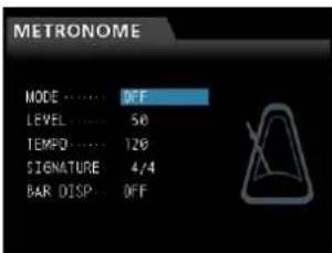 METRONOME MODE ....... OFF LEVEL.... 50 TEMP0 .... 120 SIGNATURE 4/4 BAR DISP.... OFF