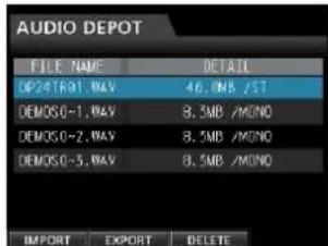 AUDIO DEPOT FILE NAME DETAIL DP24TR01.WAV 46.9MB /ST DEMOSO-1.WAV 8.3MB /MONO DEMOSO-2.WAV 8.5MB /MONO DEMOSO-3.WAV 8.5MB /MONO IMPORT EXPORT DELETE