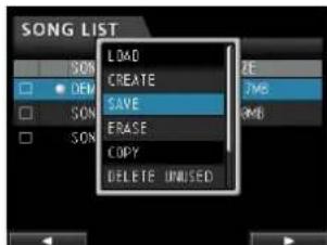 SONG LIST LOAD CREATE SAVE ERASE COPY DELETE UNUSED