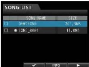 SONG LIST SONG NAME SIZE □ DEMOSONG 261.3MB □ SONG_0801 11.0MB