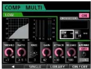 COMP MULTI LOW ON CROSSOVER LOW 20 16 METHOLD RATIO KNEE GAIN ATTACK RELEASE AUTOMINI OFF -7 3.5 1 3 42 130 500 ON SINGLE LIBRARY ON/OFF