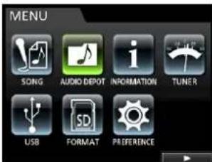 MENU SONG AUDIO DEPOT INFORMATION TUNER USB FORMAT PREFERENCE