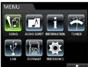 MENU SONG AUDIO DEPOT INFORMATION TUNER USB FORMAT PREFERENCE