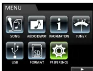 MENU SONG AUDIO DEPOT INFORMATION TUNER USB FORMAT PREFERENCE