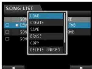 SONG LIST LOAD CREATE SAVE ERASE COPY DELETE UNUSED