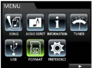 MENU SONG AUDIO DEPOT INFORMATION TUNER USB FORMAT PREFERENCE