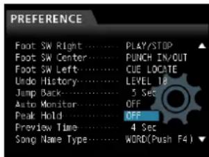 PREFERENCE Foot SW Right .... PLAY/STOP Foot SW Center.... PUNCH IN/OUT Foot SW Left .... CUE LOCATE Undo History.... LEVEL 18 Jump Back.... 5 Sec Auto Monitor.... OFF Peak Hold .... OFF Preview Time.... 4 Sec Song Name Type.... WORD(Push F4)